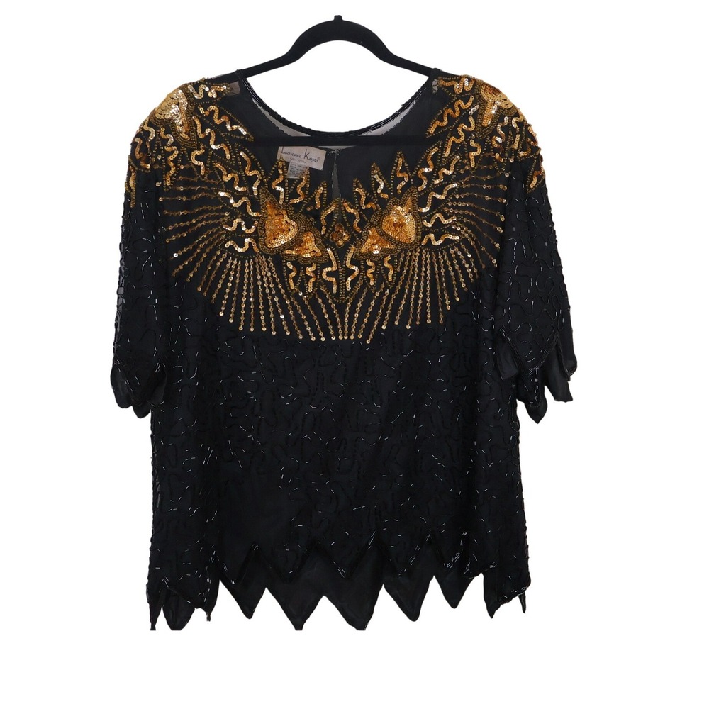 Laurence Kazar Blouse Black‎ Gold Sequin Vintage Glam